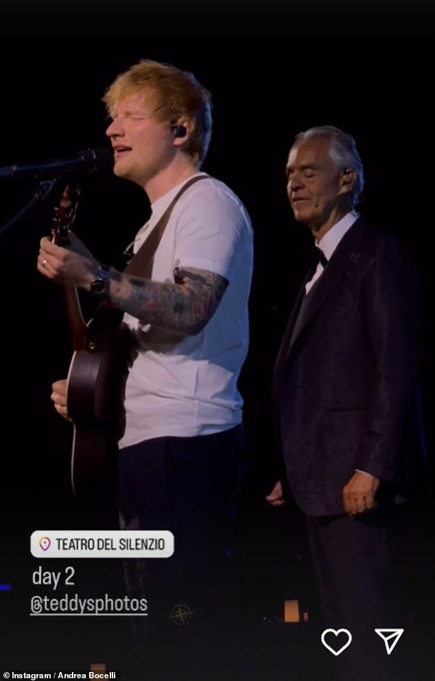 Ed, who pulled out his standard acoustic guitar to sing a duet with Andrea, was dressed as casually as possible in a simple white T-shirt that highlighted his tattoos, along with black jeans.