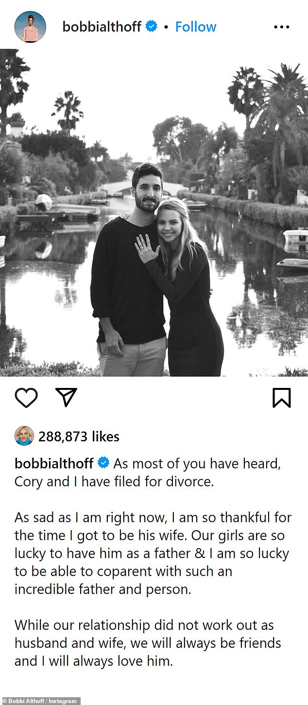 Last month, the media personality took to her main Instagram page to break her silence after her husband Cory filed for divorce.