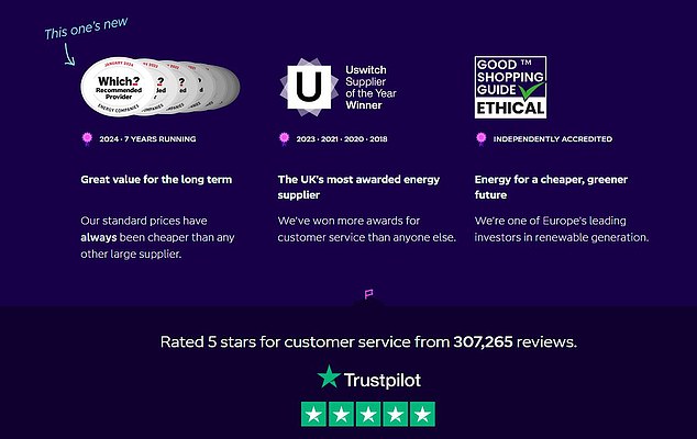 Award-winning: Octopus prides itself on its customer service, as shown in this screenshot of its website, but it seems to have fallen short in this case