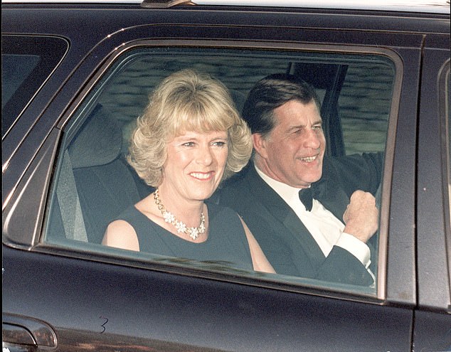 The day after Diana's swimsuit appearance, Camilla Parker Bowles enjoyed the lavish £30,000 party Prince Charles threw for her at Highgrove. Above: Camilla arrives at the celebrations accompanied by her sister's husband Simon Elliot on July 18, 1997