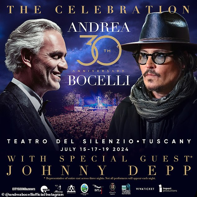 Depp's participation in the three-day event was announced on Bocelli's account on July 3.