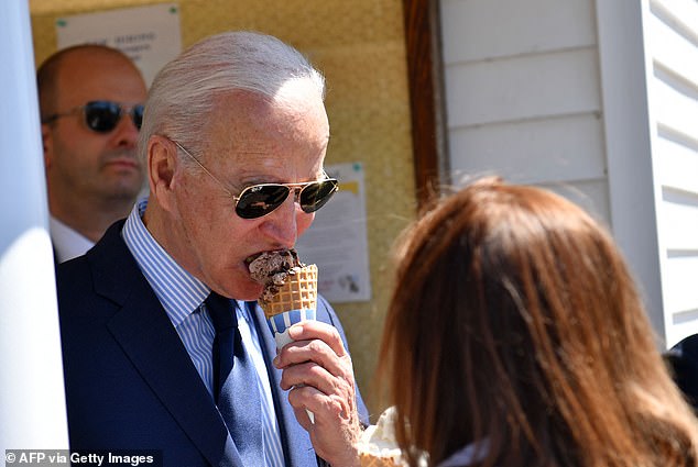 Biden is pictured enjoying ice cream in Cleveland, Ohio, in May 2021.