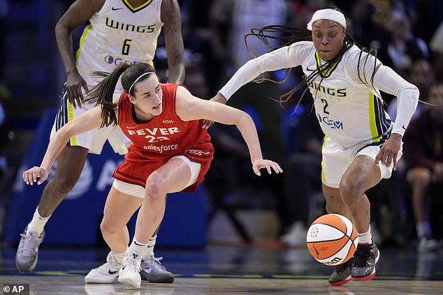 Clark, left, receives the ball from Dallas Wings' Natasha Howard (6) and Odyssey Sims (2).