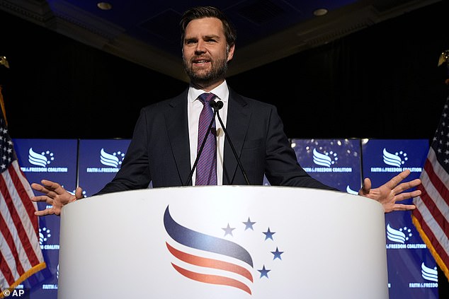 Republican vice presidential candidate JD Vance speaks during the Faith & Freedom Coalition's God & Country Breakfast at the Republican National Convention