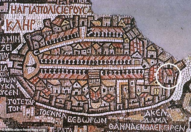 The Madaba mosaic (pictured) appears to show the structure in the right corner of the map, next to Hagia Zion.