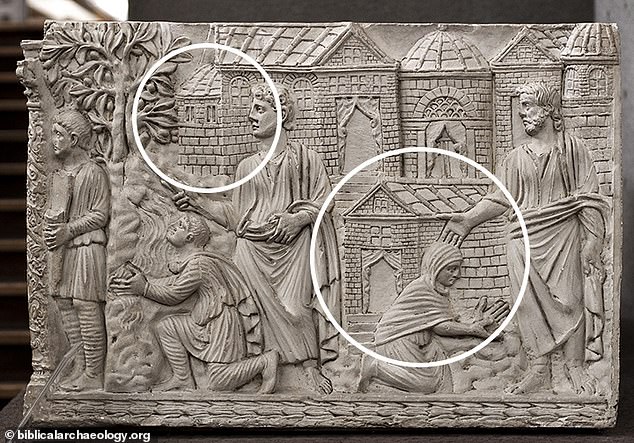 An artistic representation that appeared to show the Cenacle (circled on the left) was discovered on a 4th-century sarcophagus sculpture showing the Son of God healing a woman or comforting Mary Magdalene after his resurrection.