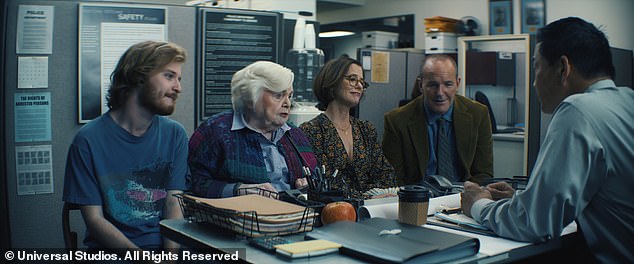 As is often the case in veteran movies, Thelma's lack of computer skills (what's an inbox?) is used as a way to express her bewilderment. Pictured: Fred Hechinger as Daniel, June Squibb as Thelma, Parker Posey as Gail, Clark Gregg as Alan and Chase Kim as Detective Morgan.