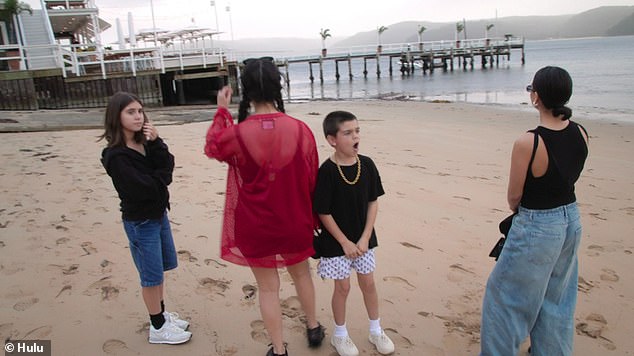 Kourtney arrived Down Under in February with her children Penelope, 11, and Reign, nine (pictured with Kourtney and their nanny) and baby Rocky, who was three months old at the time.