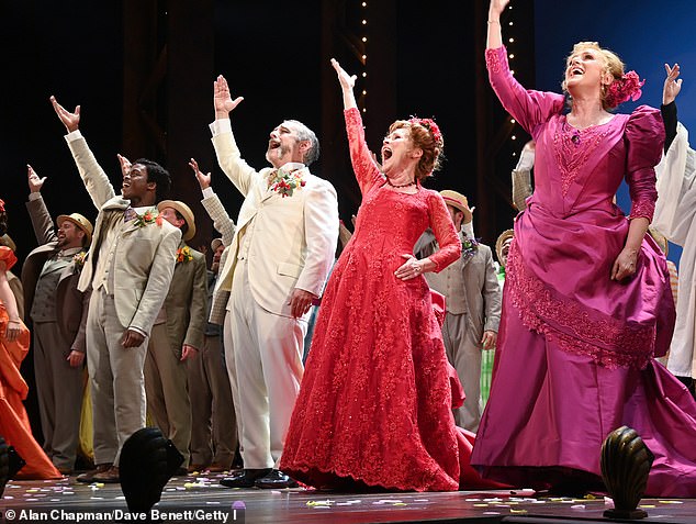 Tyrone Huntley, Andy Nyman, Imelda Staunton and Jenna Russell take a bow at the end of the press night presentation at the London Palladium on July 18.