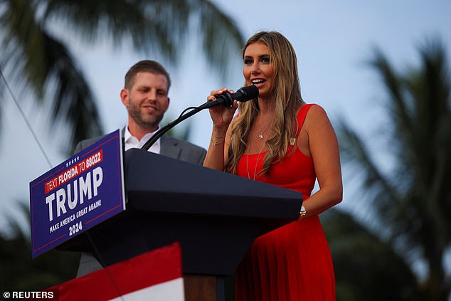 Habba speaking alongside Eric Trump at the former president's campaign rally in Doral, Florida, on July 9