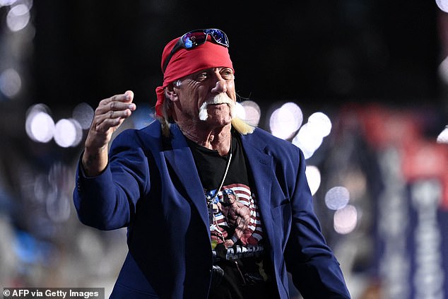 Hulk Hogan waves to the crowd as he makes his Republican National Convention debut Thursday night in Milwaukee.