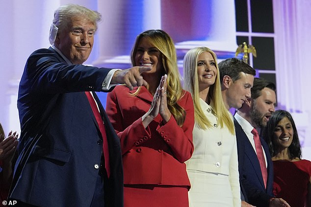 Donald Trump, left, stands on stage with Melania Trump, Ivanka Trump, Jared Kushner and Republican vice presidential nominee Sen. JD Vance.