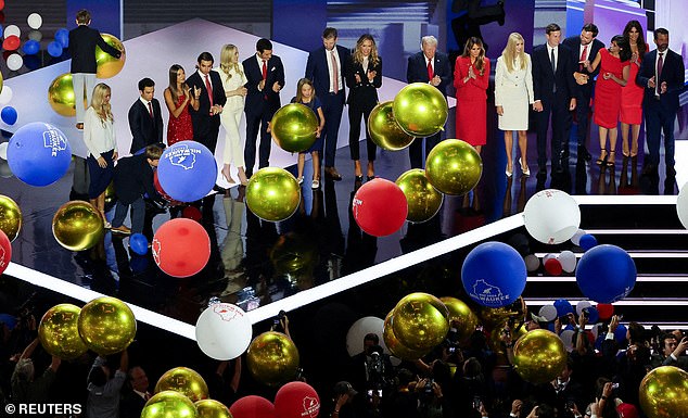 Donald Trump is joined on stage by his wife Melania, members of his family and Republican vice presidential candidate JD Vance.