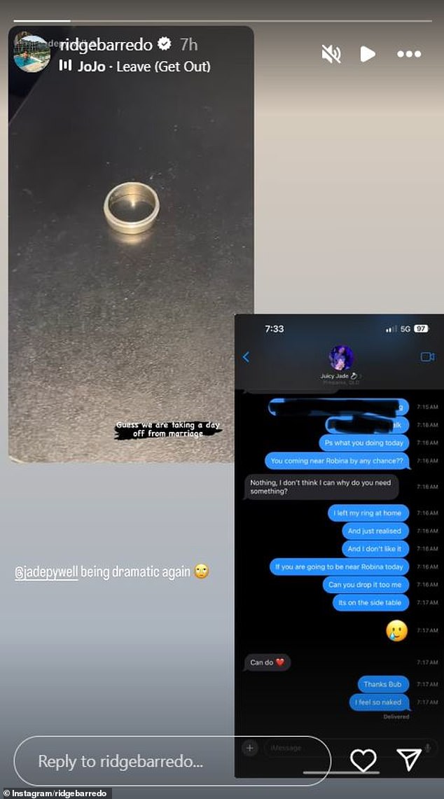 Ridge later posted a screenshot of messages the pair exchanged, including one in which he asked his MAFS girlfriend to 