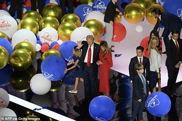 Trump spoke for more than an hour and a half before the balloons finally fell in Milwaukee.