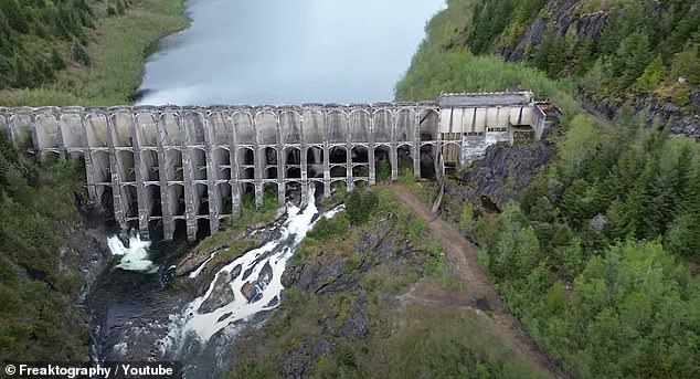 The town was originally built in 1912 by a company called Granby Consolidated Mining, Smelting and Power Company for mining. Above, the impressive concrete dam