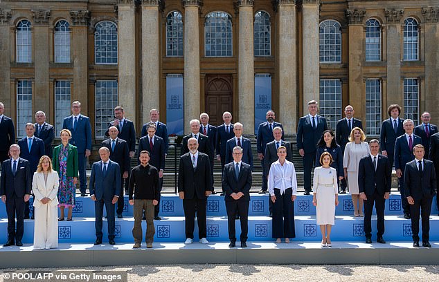 Meloni (front left) poses with other leaders during a family photograph at the European Political Community meeting at Blenheim Palace in Woodstock in July.