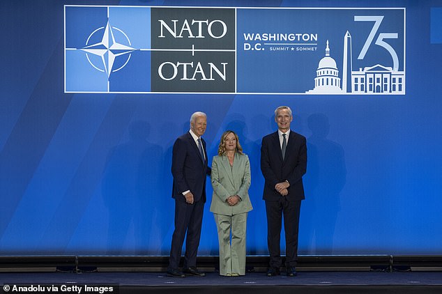 US President Joe Biden, Giorgia Meloni and NATO Secretary General Jens Stoltenberg pose for a photo during the NATO 75th Anniversary Summit in July