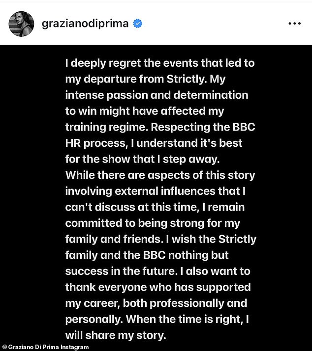 After it was revealed that Graziano had been sacked from the BBC, he took to Instagram the same day to write: 