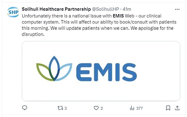 Another primary care provider, Solihull Healthcare Partnership, said its ability to book appointments would be affected by the EMIS disruption.