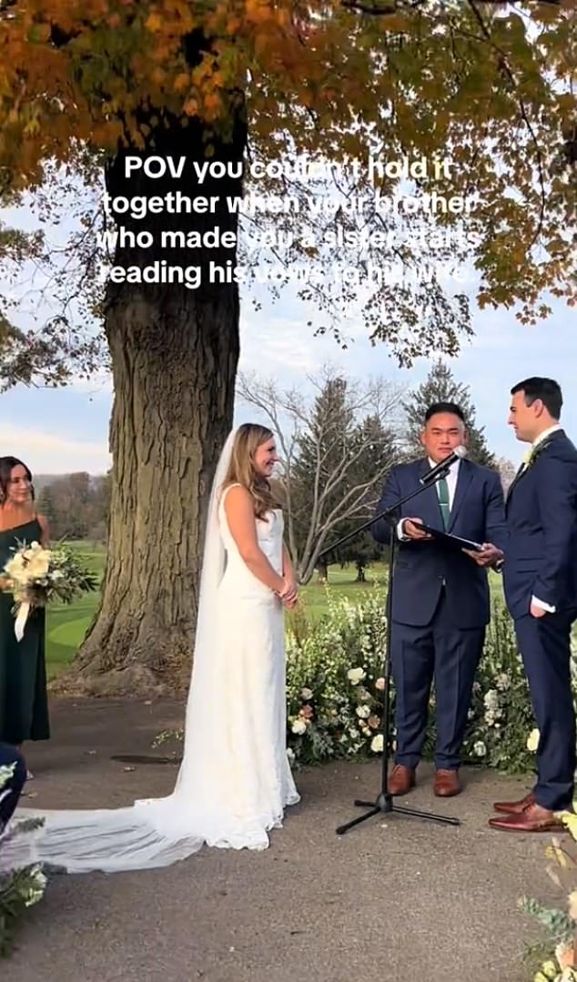 It shows the bride and groom in the middle of their vows, and the groom is heard saying: 