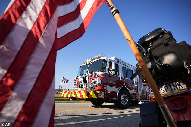 A fire truck prepares for the funeral procession of Corey Comperatore's body