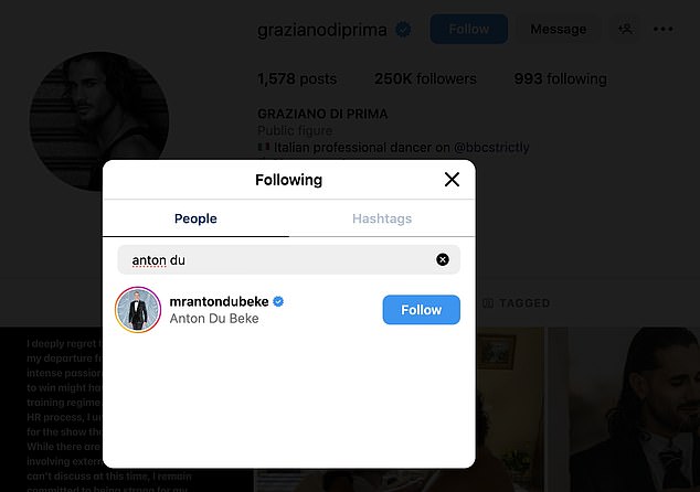 Following the drama, Anton appears to have unfollowed Graziano on Instagram, although he still follows the judge.