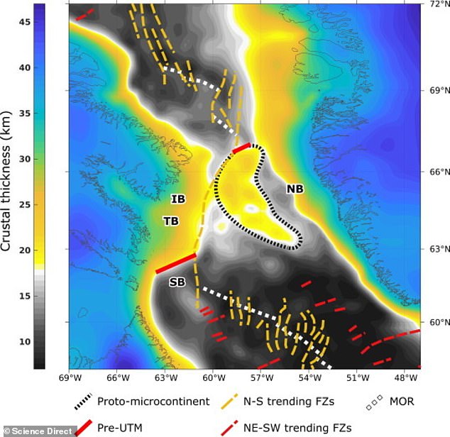 Researchers at the University of Derby were reconstructing plate tectonic movements in the area when they found a thick crust extending nearly 400 kilometres beneath Davis Strait. Pictured: The Davis Strait protomicrocontinent lies underwater in Davis Strait