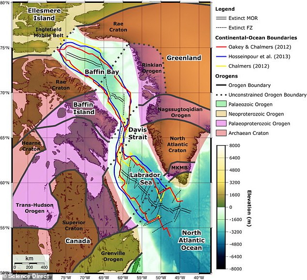 The research team used maps created from gravity and seismic reflection data that image the Earth's subsurface using sound waves to determine the age and location of the faults. Pictured: Overview of the tectonic plates located in the Davis Strait