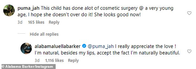 Her comments come four months after she responded to claims that she had undergone too much cosmetic surgery.