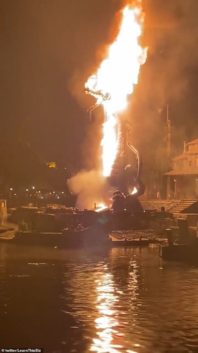 A 45-foot-tall animatronic dragon has caught fire on Disneyland's Tom Sawyer Island in California, sending families fleeing the park.