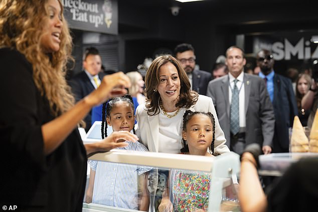 Vice President Kamala Harris attends the grand opening of a pop-up ice cream shop owned by Tyra Banks