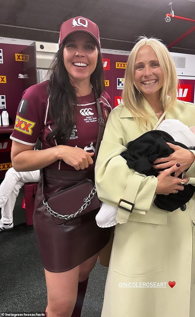 Tessa, 33, shared a photo on Instagram on Friday night in which she is seen tenderly cradling a baby wrapped in a blanket. The Home and Away star looked every bit the doting mother as she posed beautifully alongside fellow NRL WAG Nicole Slater.