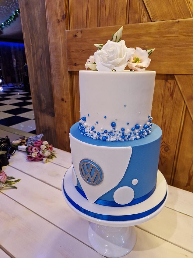 The blue and white Volkswagen van cake the couple had on their wedding day