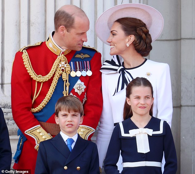 Pictured: The Prince and Princess of Wales with Princess Charlotte and Prince Louis at Trooping the Colour, which was the royals' first public appearance since their cancer diagnosis.