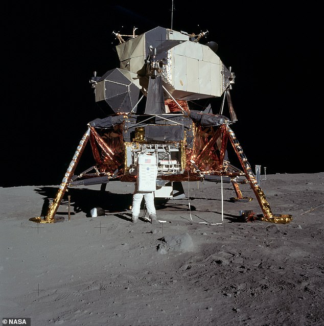 The men boarded the Columbia service module, which was also carrying the Eagle lunar module (pictured) that would take Armstrong and Aldrin to the lunar surface.