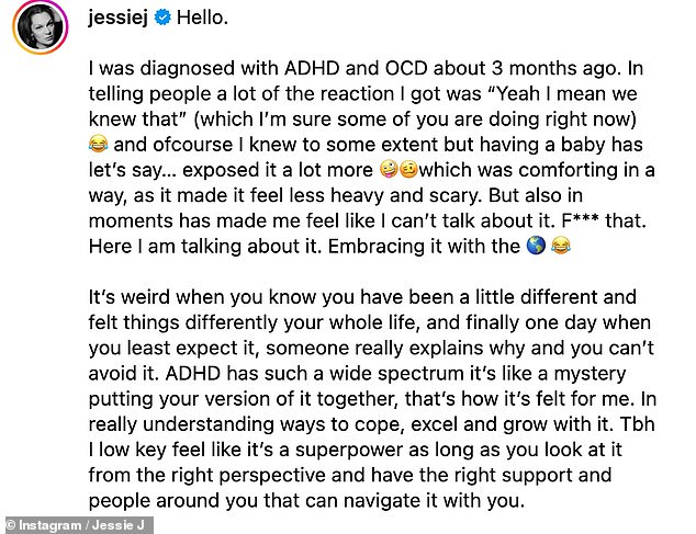 1721500898 348 Jessie J reveals shes been diagnosed with ADHD and OCD