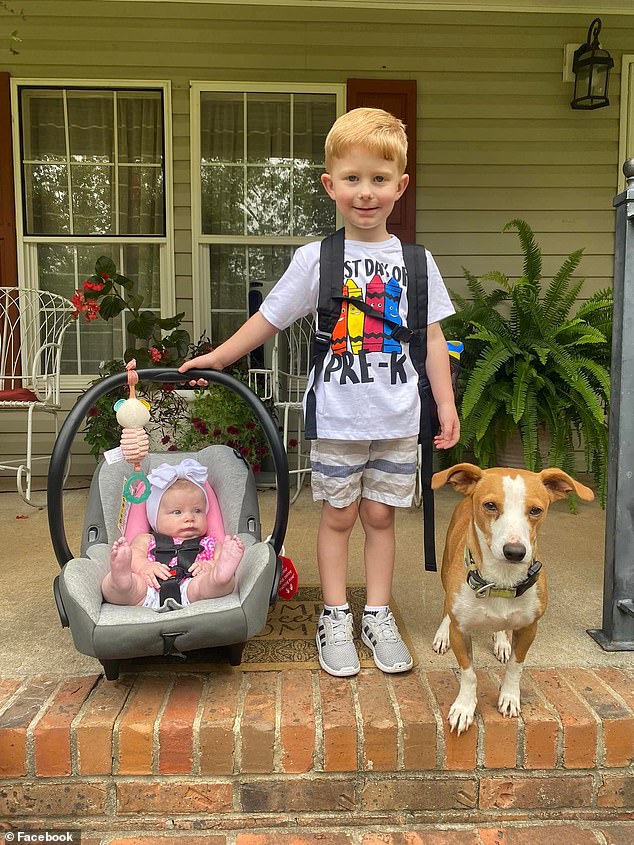 The shooting took place on his pastor grandfather's property in rural Alabama (Kaleb is pictured with his sister and the family dog ​​on his first day of preschool).