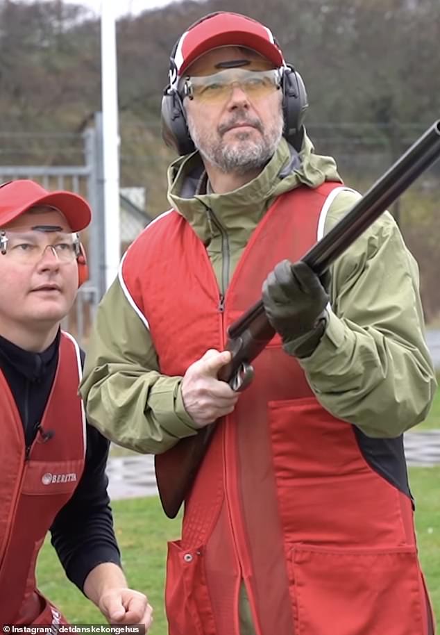 Pictured: King Frederik tries out clay pigeon shooting with Jesper Hansen, who is going to the Olympics for the fourth time.