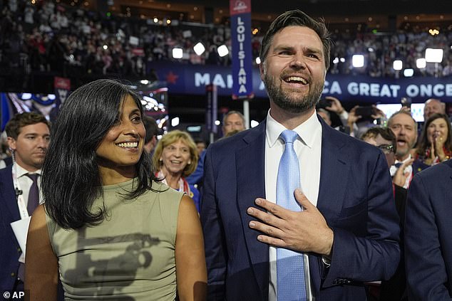 JD Vance and his wife Usha on the convention floor after he was announced as Trump's vice presidential nominee on July 15, 2024.