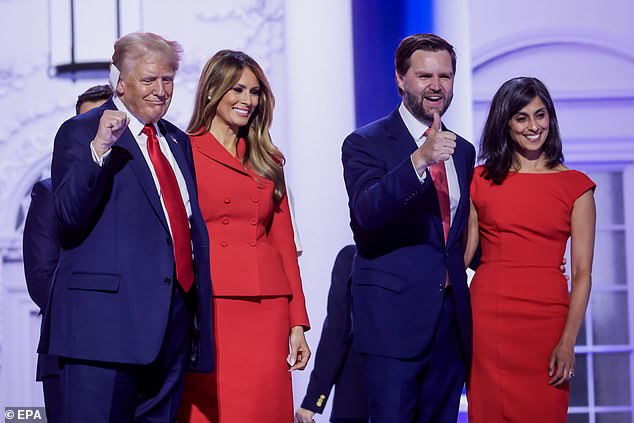 JD Vance and his wife Usha joined Donald Trump and former first lady Melania onstage at the end of the Republican National Convention in Milwaukee on July 18.