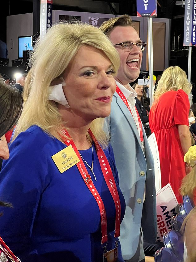 Arkansas politician Robin Lundstrum (pictured) was one of the attendees wearing an ear patch.