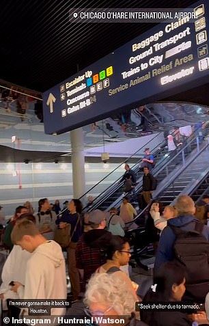 The storm was so strong that a shelter-in-place order was issued in the area, and passengers in the terminal building were forced to move away from windows.