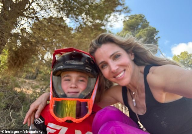 The sporty family also visited a motocross park, where Elsa filmed her daredevil son trying his hand at off-road motorcycle racing.