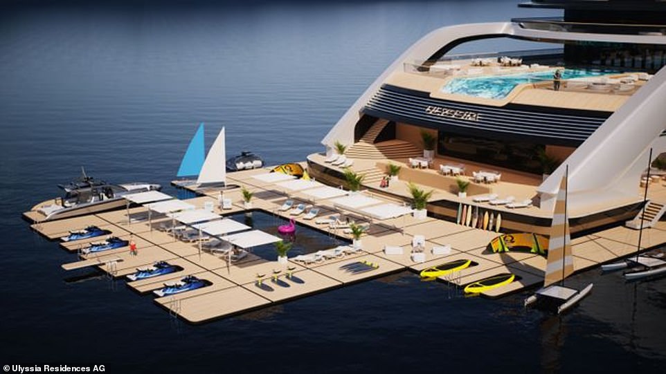 This rendering of what the finished boat would look like shows several amenities, with plenty to keep guests busy.