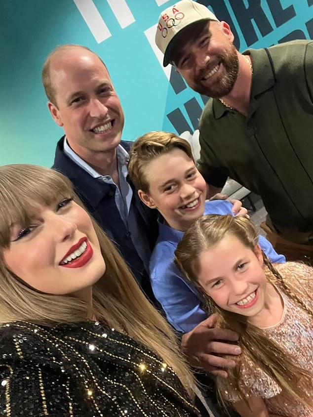 Prince William, Prince George and Prince Charlotte appear in a happy selfie with Taylor Swift and her boyfriend Travis Kelce ahead of her Wembley Stadium concert last month. William took his two eldest children to see the sold-out show on his 42nd birthday.