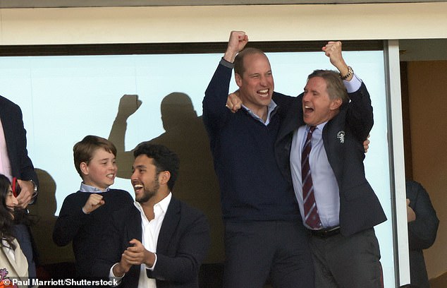 George joins his father to celebrate Villa's opening goal during the Premier League match between Aston Villa and Nottingham Forest at Villa Park, Birmingham in 2023.