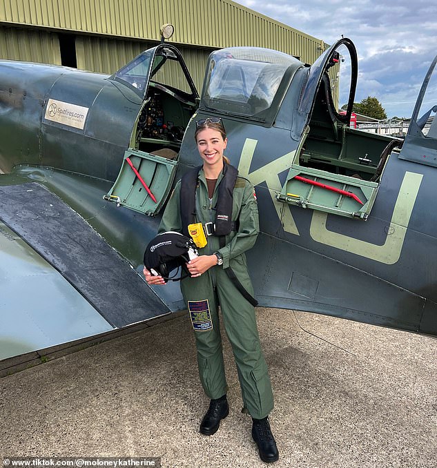 Katherine said one of the things that surprised her about becoming a pilot was the lack of female representation in the aviation industry. Pictured above, she stands next to a Spitfire she had the opportunity to pilot.