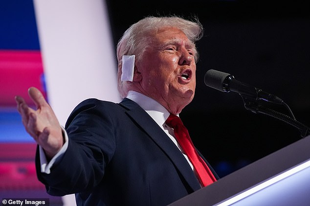 Trump wore a white bandage on the right side of his head throughout the Republican National Convention last week after a bullet grazed his ear in an assassination attempt at his rally in Butler, Pennsylvania, on July 13.