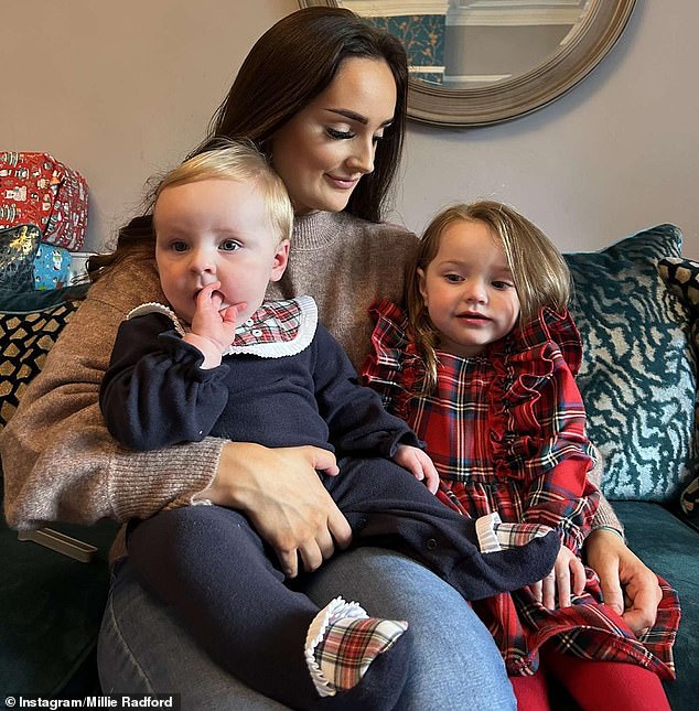 Pictured: Millie Radford, Noel and Sue's seventh child, with her two eldest children, Ophelia and Chester.